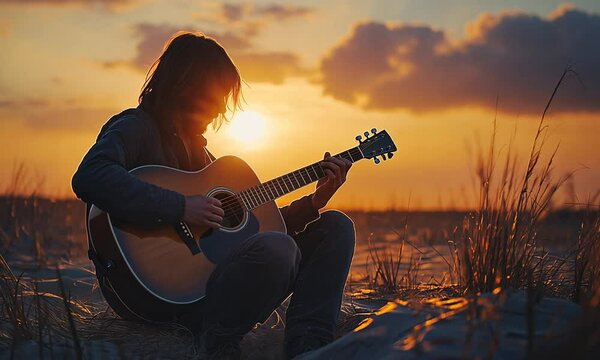 A musician playing guitar at sunset on a beach.