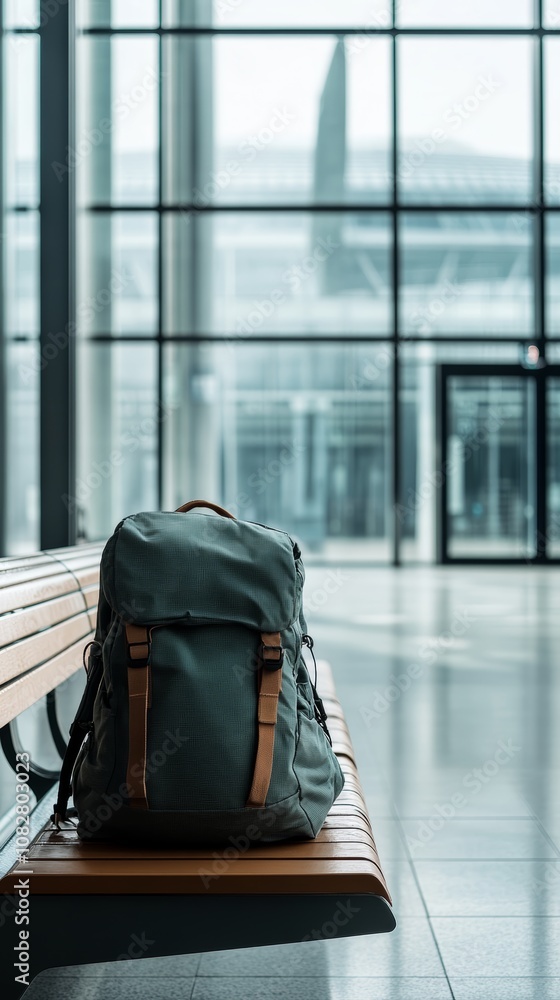 Poster Backpack is resting on a bench in a bright and modern airport terminal, waiting for its owner to return. The large windows offer a view of the bustling tarmac beyond