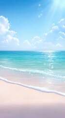 Serene Tropical Beach Scene with Gentle Waves, Crystal Clear Water, Bright Blue Sky, and Soft White Clouds Beneath a Warm Sunlight Glow