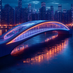 Obraz premium Modern pedestrian bridge with glowing lights illuminating the cityscape at night.