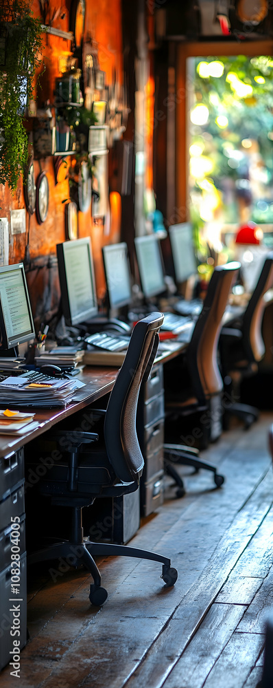Poster row of computers with chairs in an office.