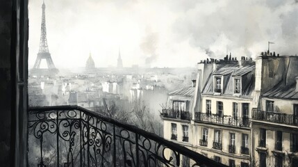 Obraz premium Hazy Morning View from a Balcony Overlooking City Rooftops