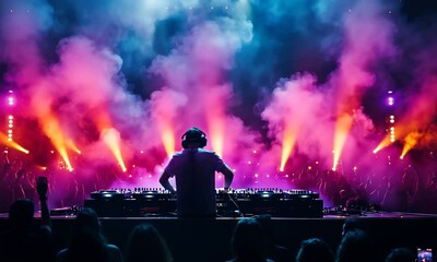 DJ performing at a vibrant music festival with colorful smoke.