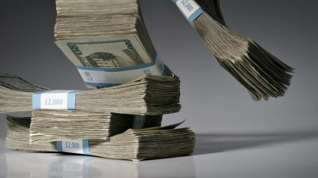Stack of money falling and landing on a table. Slow Motion.