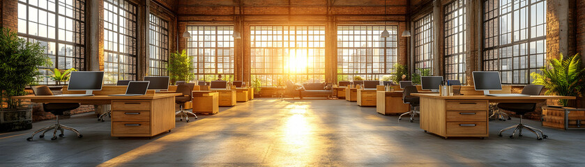 Naklejka premium Sunlit modern office space with desks and computers.