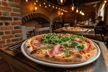 Delicious Prosciutto Pizza in Rustic Brick Oven Restaurant