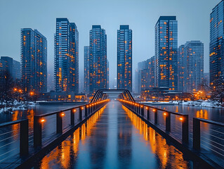 Obraz premium A bridge leading to a city skyline with tall buildings and lights reflecting in the water.