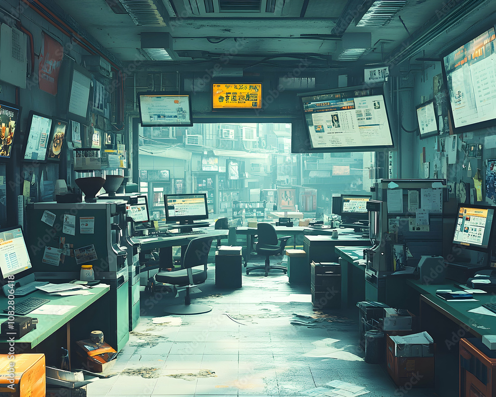 Poster a messy, dimly lit office space with multiple computers and desks, suggesting a chaotic work environ