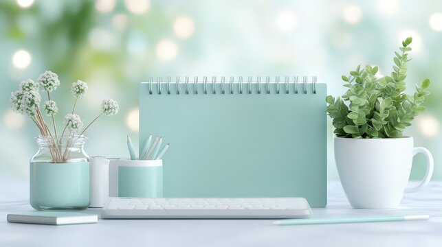 Minimalist Desk Setup with Mint Green Notebook, Craft Supplies, and Potted Plant Against a Soft Bokeh Background for Calming Work Environment