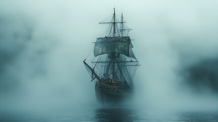 Mysterious Ghost Ship Gliding Through Dense Fog at Dusk
