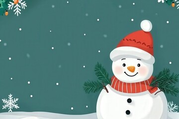 A happy snowman with a red hat and scarf, smiling with a bright orange nose, standing in a snowy landscape with snowflakes falling.