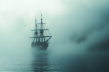 Fototapeta premium Silhouette of a ghostly ship emerging through dense mist on a mysterious sea. 