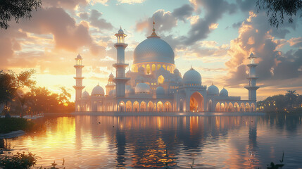 Grand mosque glowing in golden hues, reflecting on tranquil waters at sunset.
