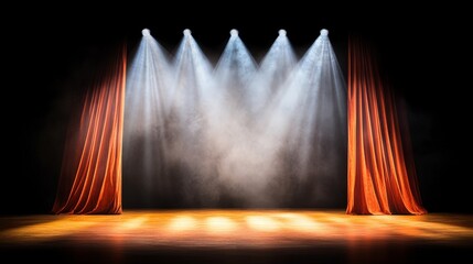 A theater stage with deep red curtains and gold trim, partially opened to reveal a high-end performance area with luxurious finishes