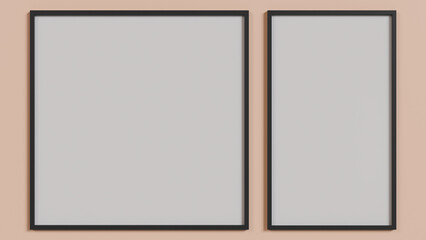 Two empty frames on a beige wall. Minimalist and modern design, perfect for interior design projects and as decoration inspiration. Ideal for decoration blogs and furniture catalogs.