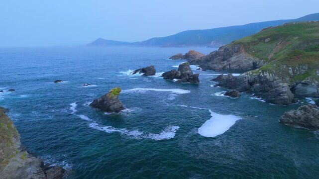 Aerial view from a drone of the coastal area, beaches and sea of ​​the Hermitage of Santa Comba in the parish of Covas. Ferrol. Province of La Coru&ntilde;a. Galicia. Spain. Europe