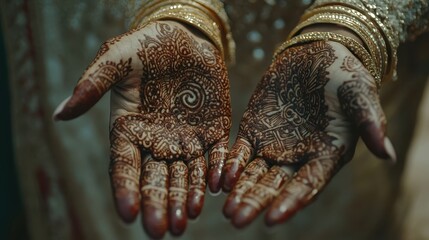 Obraz premium A close-up of intricate Henna designs being applied to hands during a wedding.