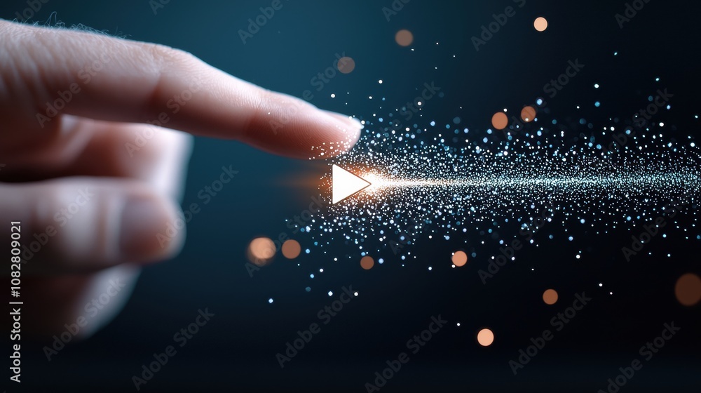 Poster a finger pressing a virtual play button on a transparent screen, with a blurred video thumbnail in t