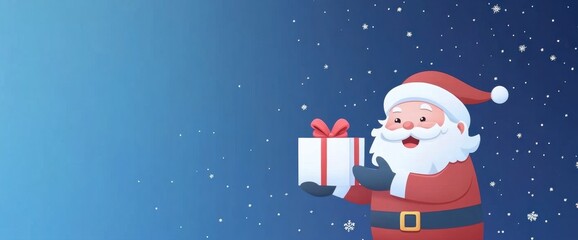 Naklejka premium A wide banner with Santa Claus holding a white gift box in his hand, against a blue starry background, with a red ribbon on the top of the present Generative AI