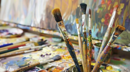 Fototapeta premium An organized painting studio with brushes and paints ready, Art supplies neatly arranged, Creative workspace style