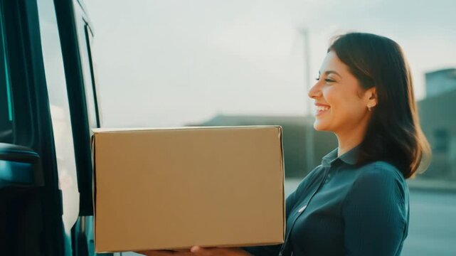 Woman Smiling While Delivering a Cardboard Box During a Sunny Day Generative AI