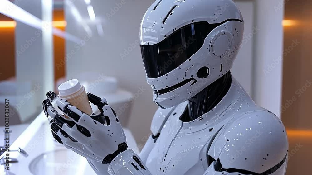 Poster futuristic robot inspecting a container in a modern, high-tech laboratory setting