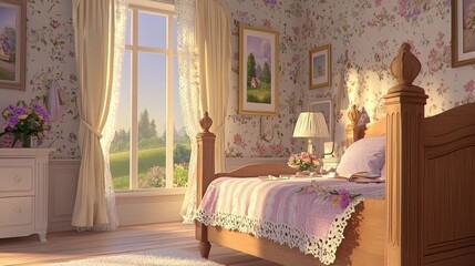A cozy bedroom filled with warm light, floral decor, and a peaceful ambiance.