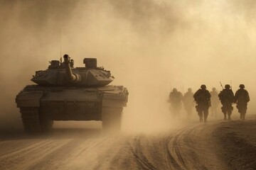 Military convoy moves through dusty terrain at sunset during a deployment