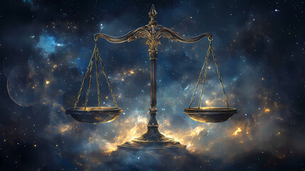 Thought-provoking depiction of divine scales, balancing the forces of light and darkness, symbolizing cosmic harmony. Divine. Illustration