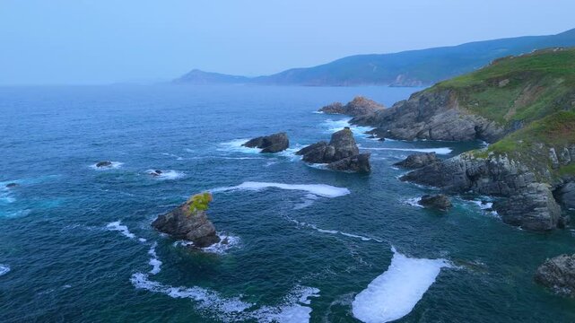 Aerial view from a drone of the coastal area, beaches and sea of ​​the Hermitage of Santa Comba in the parish of Covas. Ferrol. Province of La Coru&ntilde;a. Galicia. Spain. Europe