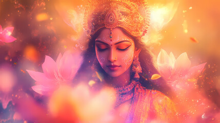 Vibrant double exposure representing the divine feminine power and the triumph of good over evil during the navaratri festival,with ample copy space for text overlay or design. Divine. Illustration