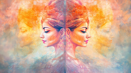 Vibrant double exposure representing the divine feminine power and the triumph of good over evil during the navaratri festival,with ample copy space for text overlay or design. Divine. Illustration