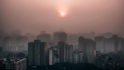 Obraz premium Modern urban skyline bathed in sepia light and morning mist with buildings towering through haze and soft sunlight creating a cinematic sense of calm.