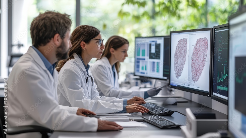 Poster three doctors analyzing data on multiple monitors