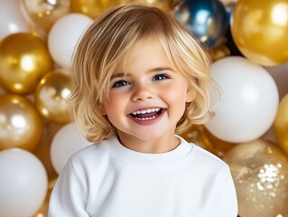 Fototapeta premium A little girl with a big smile surrounded by gold and silver balloons
