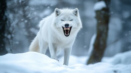 Obraz premium Fierce White Wolf in Winter Forest, AI generated illustration