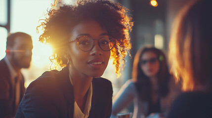 Une jeune femme souriante portant des lunettes, éclairée par la lumière du coucher de soleil, participe à une discussion motivante avec des collègues en arrière-plan