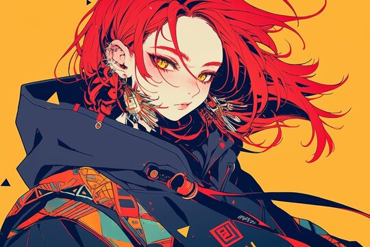 Anime Illustration. Vibrant Illustration of Red-Haired Figure in Colorful Attire with Bold Earrings