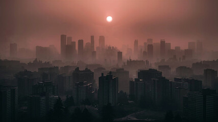 Fototapeta premium Foggy morning skyline with modern architecture softened by diffused sunlight evoking serenity and cinematic beauty in muted urban tones.