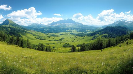 Naklejka premium A panoramic view of lush green valleys and mountains under a bright blue sky with clouds.