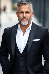 A man in a black suit and white shirt posing for a picture