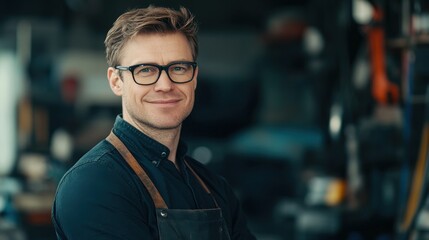 Fototapeta premium Portrait of a Smiling Man in a Workshop, Wearing Glasses and an Apron