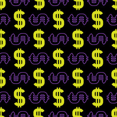 Yellow and purple dollar signs isolated on black background. Seamless pattern. Vector simple flat graphic illustration. Texture.