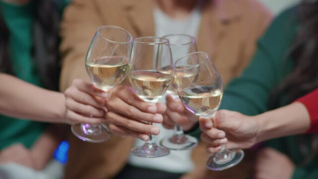 Friends join and celebrate the party with eating foods and with get cheers give a toast by clink glasses eating foods and drinks champagne. Happy and joyful dancing in holiday weekend and festival.