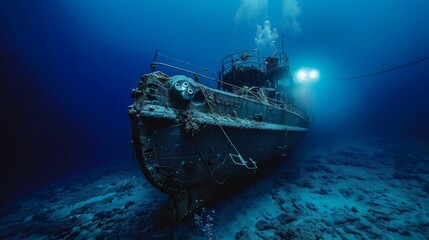 An underwater scuba diving expedition exploring a shipwreck, Diving equipment ready for underwater exploration, Shipwreck exploration style