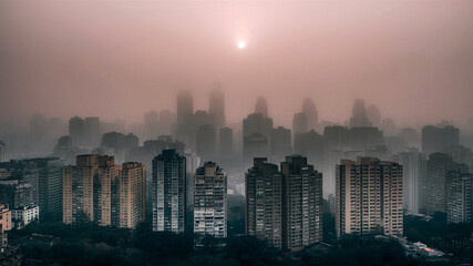 Naklejka premium Towering city structures pierce through morning mist diffused sunlight casting cinematic warmth and tranquility over a fog-shrouded urban landscape.