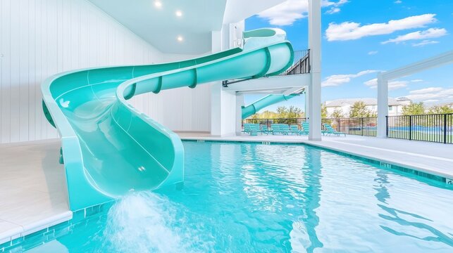 A family friendly pool area with a waterslide, a shallow end for children, and plenty of lounge chairs for parents to relax while keeping an eye on their little ones.