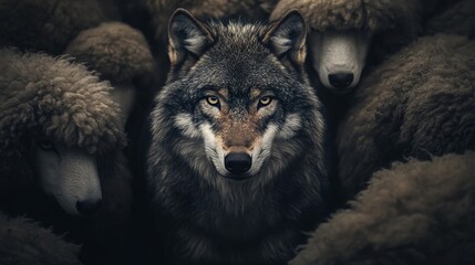 Wolf in Sheep's Clothing: Photographic Portrait, AI generated illustration.
