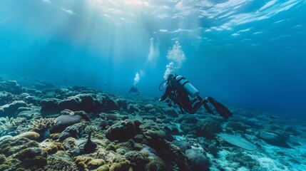 An underwater scuba diving expedition exploring a vibrant coral reef, Diving equipment ready for underwater exploration, Coral reef exploration style