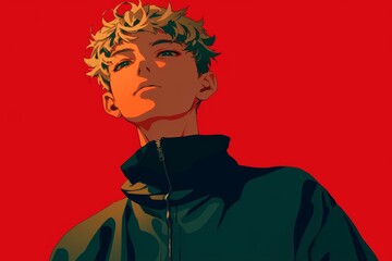 Fototapeta premium Anime Illustration. Stylish Portrait of a Pensive Individual in Bold Red and Black